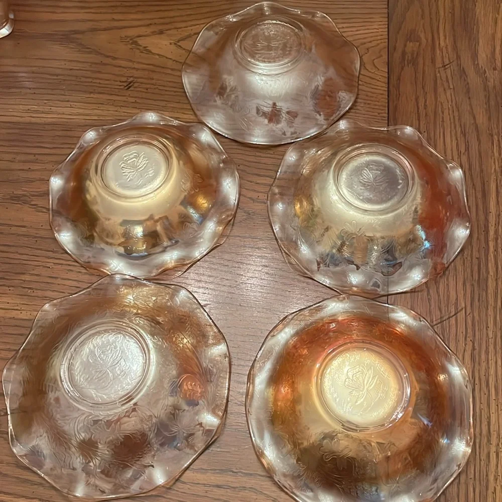 Jeannette‎ Floragold Louisa Depression Glass Tea Cups and bowls Iridescent
